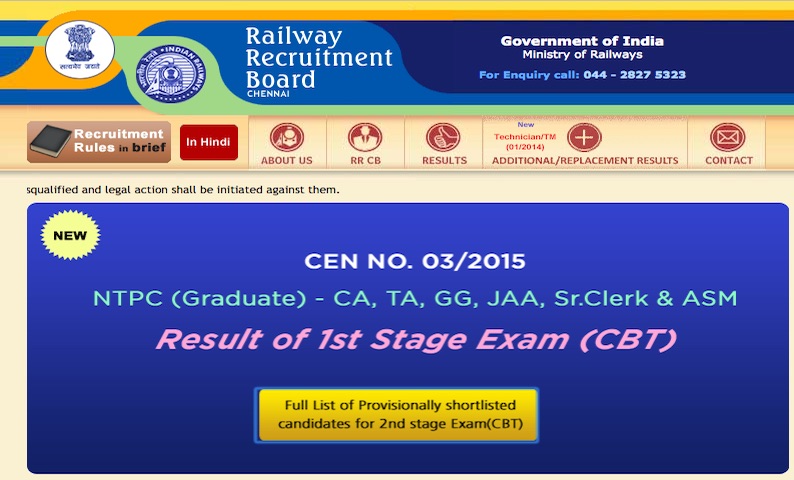 RRB Chennai NTPC Result
